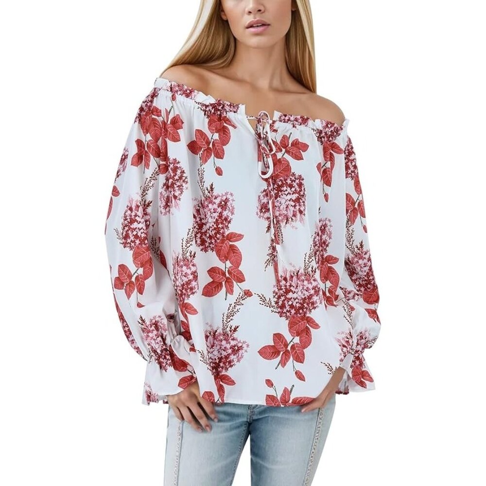 ChicMe Bloody Red floral Off-Shoulder Puff Sleeve Blouse -‎ Chic & Boho Style M